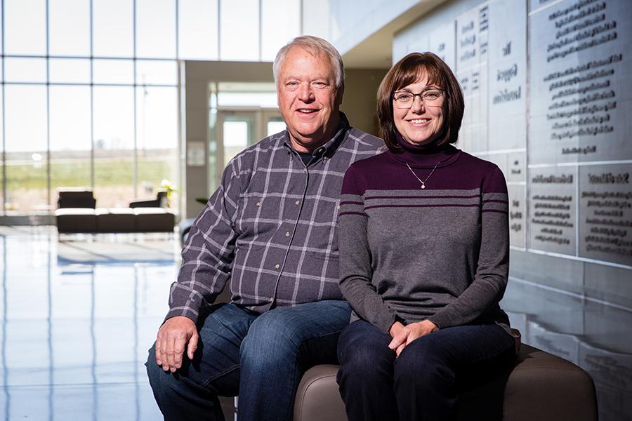 Mark Watkins and his wife, Carol, are pictured inside the Agricultural Learning Center on the R.T. Wright Farm. (Photo by Todd Weddle/Northwest Missouri State University)