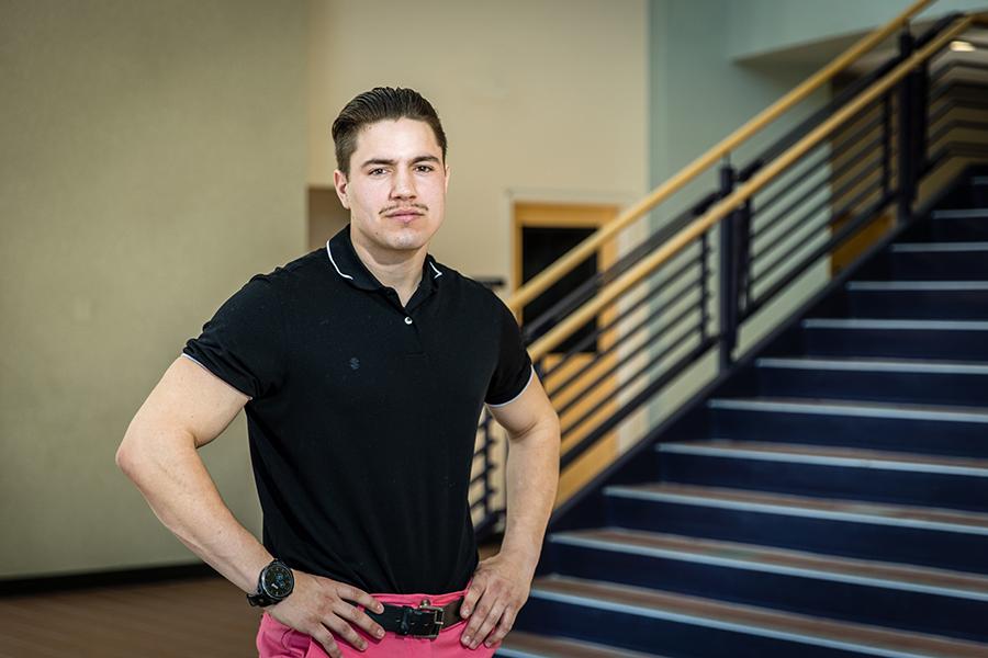 Michael Verhoeven is pictured in Colden Hall, the home of Northwest's Melvin D. and Valorie G. Booth School of Business. (Photo by Lauren Adams/Northwest Missouri State University)